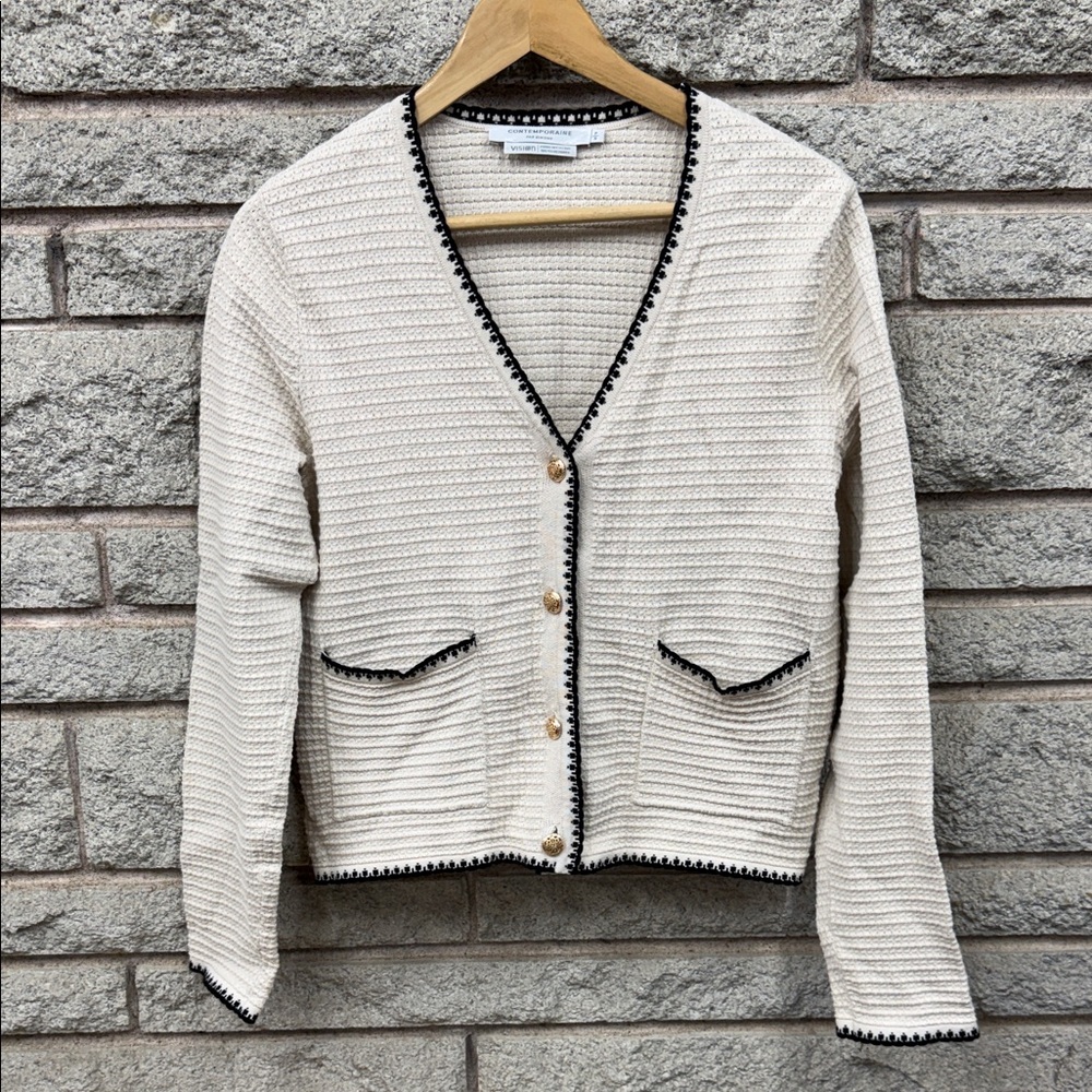 Elegant Simons Reprocessed Cotton Cream Cardigan with Black Trim
